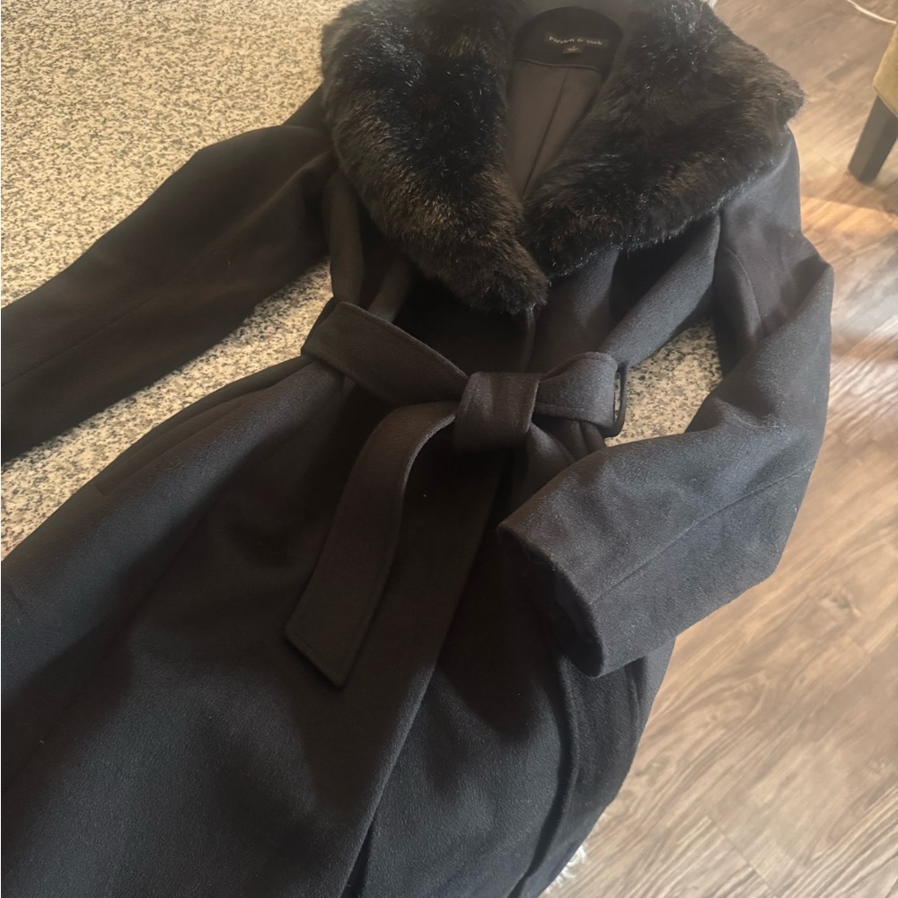 Preston & York Black Trench Coat with Fur Collar